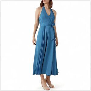 Karen Millen Pleated Halter Midi Maxi Belt Dress Blue Cocktail Evening NWT New 8